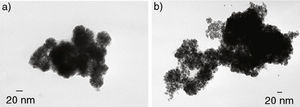 Micrografías MET de nanopartículas de Rh obtenidas a partir del precursor [Rh(acac)(1,5-C8H12)] en atmósfera de H2 y en THF en presencia de: a) 2 eq. y b) 20 eq. de 2,4-pentanodiol, respectivamente.
