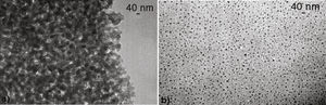 (a-b) Micrografías MET de nanopartículas de Rh obtenidas a partir del precursor [Rh(acac)(1,5-C8H12)] en atmósfera de H2 y en THF en presencia de PVP mostrando las dos zonas de partículas generadas a partir de esta síntesis (relación en peso: Rh/PVP=4%).