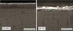 Micrografía SEM para los recubrimientos de carburo de niobio, a) NbC y b) carburo de vanadio VC sobre acero AISI D2.