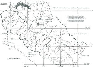 Localización de las cinco estaciones hidrométricas procesadas del Alto Río Grijalva.