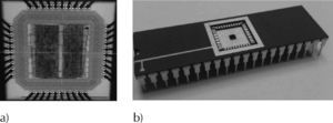 a) Microphotograph of the fabricated chip, b) DIP40 package.