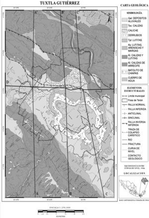 Mapa del entorno geológico estructural del valle de Tuxtla Gutiérrez (Zúñiga y Ordóñez, 2013).