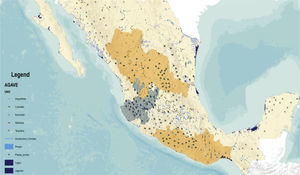 Distribución geográfica de Agave (elaboración con datos de CONABIO).