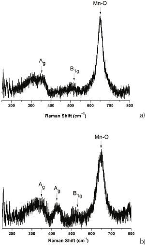 Espectros Raman correspondientes a las muestras P5S5a y P6S4b, obtenidas por el método Pechini, utilizando como precursor del manganeso al cloruro de manganeso, calcinadas a 600°C por 2 horas