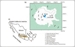 Mapas de localización. 1a) Localización del Nevado de Toluca y de los demás registros mencionados en el texto. 1b) Localización de los lagos La Luna y El Sol dentro del cráter del Nevado de Toluca, centro de México.