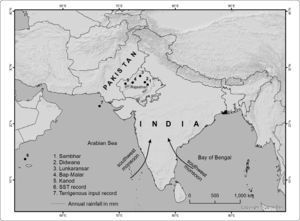 A large part of the Thar Desert is located in western part of the Rajasthan state of India. Reviewed lacustrine basins are present in an east-west transect. Terrigenous input into the eastern Arabian Sea17 estimates summer precipitation associated with the southwest monsoon and alkenones from the western Arabian Sea18 provide information about sea surface temperature (SST) of the Indian Ocean.