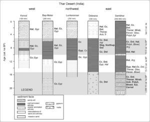Temporal distributions of sediment facies and sub-surface evaporite mineral assemblages in 5 different lacustrine basins of the Thar Desert since the Last Glacial Maximum. Minerals in bold letters are present in higher abundance and italics are present in trace amounts. Cc: calcite CaCO3; Dol: dolomite CaMg(CO3)2; Arg: aragonite CaCO3; Mag: magnesite MgCO3; Tr: trona Na3H(CO3)2.2H2O; Northup: northupite Na3Mg(CO3)2Cl; Gyp: gypsum CaSO4.2H2O; Anh: anhydrite CaSO4; Thenar: thenardite Na2SO4; Mirab: mirabilite Na2SO4.10H2O; Kieser: kieserite MgSO4.H2O; Glau: glauberite Na2Ca(SO4)2; Bloed: bloedite Na2Mg(SO4)2.4H2O; Polyh: polyhalite K2MgCa2(SO4)4.2H2O; Hal: halite NaCl; Carnal: carnallite KMgCl3.6H2O; Syl: sylvite KCl.