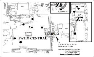 Ubicación de los restos de quelas de cangrejo, croquis en planta de Teopancazco. Los puntos en negro indican el lugar donde fueron recuperados los restos de cangrejo rojo y en el cuadro el lugar donde se encontró la quela de cangrejo azul (Croquis proporcionado en los seminarios permanentes de Teopancazco por Manzanilla [3], modificada por Rodríguez[2] y Padró[1]).