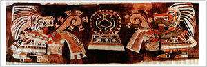 Pintura mural principal del Centro de Barrio de Teopancazco, en donde se pueden apreciar los elementos marinos que forman parte de la indumentaria de los personajes (Obra de Starr[17]). Imagen proporcionada por la Dra. Linda R. Manzanilla, durante las sesiones del seminario Teopancazco, en 2005.