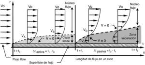 Estructura de flujo pulsante cerca de la pared de un conducto elástico. Durante la fase activa se forma capa límite y la velocidad es 0 (V=0) sobre la pared; en cambio, durante la fase pasiva es 0 en un punto entre el centro y la pared. Vo: velocidad de entrada; Vi: velocidad del flujo en el punto i; r: radio del conducto; t: tiempo transcurrido del ciclo.