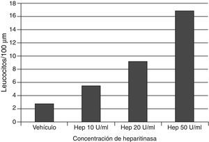 La aplicación de heparitinasa, que degrada el heparán sulfato del glucocáliz, causa un incremento dependiente de dosis de la adhesión leucocitaria a las paredes venulares cremasterianas del ratón. Se señalan los datos a los 60min de la aplicación de la enzima. Con datos de Constantinescu et al.53.