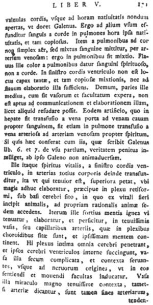 Una página del libro Christianismi restitutio, de Miguel Servet, con la descripción de la circulación pulmonar (1553).