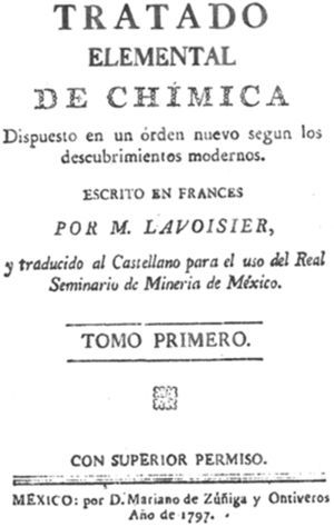 Edición del primer tomo del tratado de química de Lavoisier en español (México, 1797).