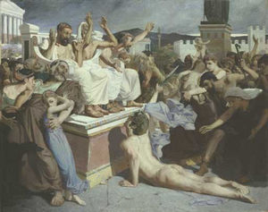 Pintura del Francés Luc-Olivier Merson, exhibida en Niza, Francia que representa la muerte de Felípides tras haber corrido 40km de Maratón a Atenas para reportar la victoria de los griegos sobre los persas.