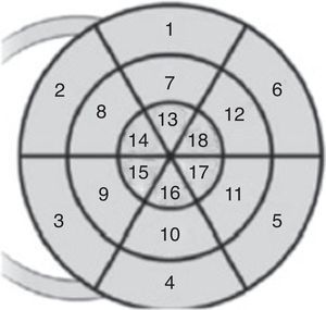 Modelo de 18 segmentos bulls eye. Segmentos correspondientes según el número que aparece en la figura: 1 basal anterior; 2 basal anteroseptal; 3 basal inferoseptal; 4 basal inferior; 5 basal inferolateral; 6 basal anterolateral; 7 medio anterior; 8 medio anteroseptal; 9 medio inferoseptal; 10 medio inferior; 11 medio inferolateral; 12 medio anterolateral; 13 apical anterior; 14 apical anteroseptal; 15 apical inferoseptal; 16 apical inferior; 17 apical inferolateral; 18 apical anterolateral. Modificada de Voigt et al.6.