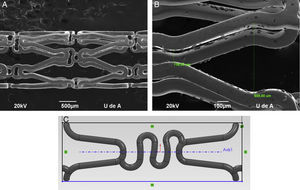 Imágenes de microscopia de escaneo electrónico tomadas del stent Cypher®: A) Sección estructural del stent, B) Secciones geométricas del strut y C) Modelo CAD.