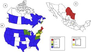 Incidencia de la enfermedad de Lyme en EE. UU. y Canadá durante el año 2015, y prevalencia de la enfermedad de Lyme en México durante el año 2003. Panel A: Mapa perteneciente a Canadá. Nótese que la provincia con mayor incidencia durante ese año fue Nova Scotia (26.1%). Toda la frontera con EE. UU., excepto Saskatchewan se considera endémica para enfermedad de Lyme. Reproducido con modificaciones de la pagina web oficial del gobierno de Canadá 10. Panel B: Mapa perteneciente a EE.UU. El 95% de los casos nuevos de enfermedad de Lyme durante 2015 sucedieron en la frontera noreste con Canadá. Se observa que es una enfermedad emergente en la frontera sureste con México. Reproducido con modficaciones de la pagina web oficial de la CDC (Centers for Disease Control and Prevention) 9. Panel C: Mapa perteneciente a México. El último estudio donde se demuestra la prevalencia de la enfermedad de Lyme en México fue en 2003. Desde entonces, México no cuenta con un análisis que demuestre su prevalencia o incidencia actual de este padecimiento. La mayor prevalencia durante ese año se presenta en el noreste del país, siendo la frontera noreste entre México y EE. UU. Reproducido con modificaciones del estudio epidemiológico de Gordillo- Pérez et al., 11.