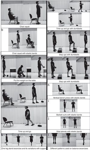 Some examples of the physical exercises performed during the MCEP. (a), (c), (d) and (f) show the functional exercises to lower limbs that mimic the activities of daily living. In turn, (b), (e) and (g) are the same exercises; however, with examples of approaches used to increase the load. Classical resistance exercises used in the MCEP for upper limbs are demonstrated in the (h), (i) and (j). Moreover, (k) and (l) show the balance exercises performed.