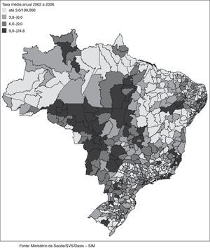 Distribuição das taxas médias anuais de mortalidade em consequência de agressão por 100.000 mulheres de 15 a 29 anos. Brasil por microrregião no quinquênio 2002 a 2002.