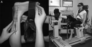 (A) Clinical test of ankle passive stiffness: Participant was positioned in prone with the knee flexed at 90°. An ankle weight of 2kg was placed 8cm from the lateral malleolus. The position taken by the ankle was measured using the goniometer (the moveable arm was aligned parallel to the surface of the foot). (B) Evaluation of ankle plantar flexor performance at the isokinetic dynamometer.