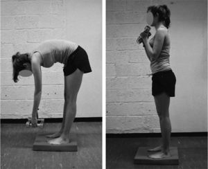 Example of an advanced exercise for chronic low back pain patients: unstable base, patient performs a flexion and extension of the back with weights without ‘safety behaviour’. Exercises should be individually-tailored and progressing towards fearful movements. Communication to change inappropriate cognitions and expectations regarding the exercises is as important as providing individualized therapy.