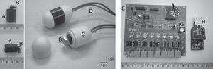 Vibratory devices (left panel) and logical control system (right panel). (A) Micromotor; (B) eccentric mass; (C) PVC cylindrical enclosure; (D) power wires; (E) control board; (F) vibratory devices power output; (G) control board power input; (H) USB Zigbee controller module.