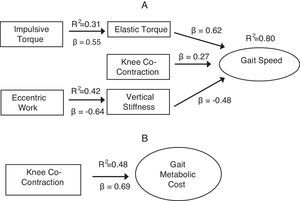 Regression models illustrate the contribution (or lack of contribution) from energy generation and conservation variables. (A) Primary predictive model of gait speed; secondary models (elastic torque and vertical stiffness). (B) Primary predictive model of gait metabolic cost.