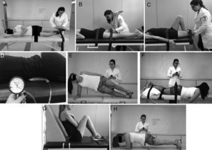 Set of clinical tests performed for lumbopelvic functional assessment. Strength measurement for (A) hip abductors, (B) hip extensors, (C) hip flexors, (D) position for the TrA muscle activity test, (E) side bridge, (F) prone bridge, (G) trunk flexors endurance test, and (H) trunk extensors endurance test.