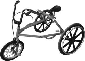 Illustration of the non-pedal tricycle adapted for the study. Note: The arrows indicate the adaptation made to enable adjustments to the front and back wheels in order to have the non-pedal tricycle either higher or lower depending on the height of the user.