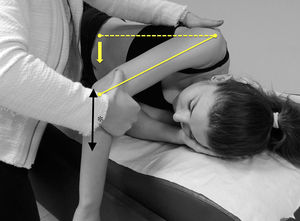 Positioning for the posterior capsule tightness assessment. *The distance from the treatment table to the medial epicondyle of the humerus was measured in centimeters.