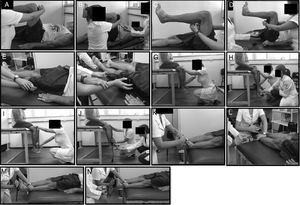 Measurement of muscle strength using a hand-held dynamometer (A – hip flexors, C – hip extensors, E – hip abductors, G – knee flexors, I – knee extensors, K – ankle dorsiflexors, M – ankle plantar flexors) and a modified sphygmomanometer test (B – hip flexors, D – hip extensors, F – hip abductors, H – knee flexors, J – knee extensors, L – ankle dorsiflexors, N – ankle plantar flexors).