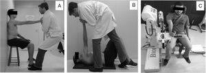Protraction isometric strength test using HHD in the seated position (A) and in the lying supine position (B) and using the isokinetic dynamometer.
