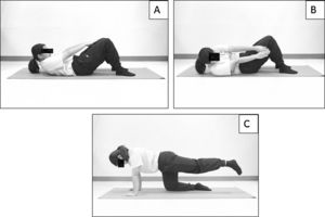 General trunk exercises, trunk curl-up (A), diagonal trunk curl (B) and single-legged extension (C).