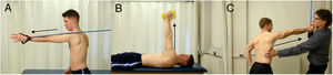 Serratus punches: Exercise performed standing (A) or supine (B) against elastic or weight of dumbbell, or against manual resistance (C) by the examiner.