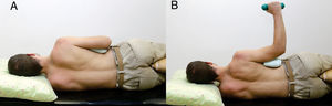 Side-lying external rotation. Exercise starts with the individual in the side-lying position with the shoulder in neutral position and elbow flexed to 90° (A). Perform external rotation of the shoulder with a towel between the elbow and trunk (B). Avoid compensatory movements.