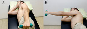 Side-lying forward flexion. Exercise starts with the individual in the side-lying position and the arm parallel with the body (A). Perform forward flexion (B).