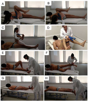 Subjects’ positions during hip range of motion assessments (A–D) and isometric muscle strength measurements (E–H). Active flexion (A), passive flexion (B), passive external rotation (C) and active internal rotation (D) were measured with a goniometer. Hip adductors (E), hip abductors (F), hip flexors (G) and hip extensors (H) strength measurements with a hand held dynamometer.