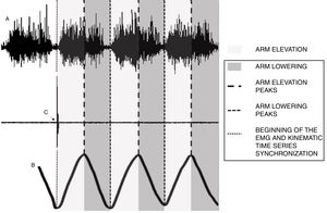Synchronization procedure of electromyography (EMG) and kinematic time series. (A) EMG signal recorded during arm elevation and lowering; (B) arm angular displacement; and (C) instant of occurrence of the thigh electrode signal peak, which was used to cut the EMG and kinematic time series.