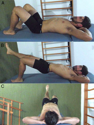 Bridge test with unilateral knee extension. Participant posture before performing the test (A); lateral (B) and posterior (C) view of the bridge test.