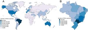 PEDro searches across the world (A) and in Brazil (B) for the year between 1 July 2018 and 30 June 2019. Darker colour indicates greater number of PEDro searches.