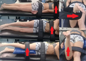 Assessment of isometric strength of the trunk extensors (A), trunk lateral flexors (B), hip abductors (C), hip lateral rotators (D) and hip extensors (E).