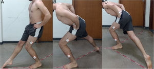 Performance of the modified Star Excursion Balance Test on the dominant limb as the support limb. For the test each athlete performs maximal reaches with the swing limb in the anterior (A), posteromedial (B) and posterolateral (C) directions.