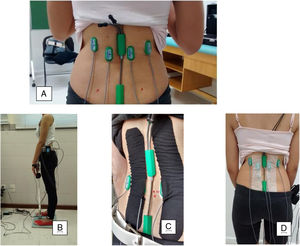Placement of the EMG electrodes and electrogoniometer (A) Initial position on the dynamometer (B), KT application (C) Missner® surgical tape® application (d).