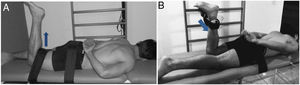 Assessment of isometric strength of the hip extensors (A) and hip external rotators (B). The blue arrows show the directions of the forces applied by the individual on the dynamometer.