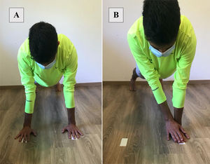 Modified Closed Kinetic Chain Upper Extremity Stability Test. (A) Starting position. (B) Ending position.
