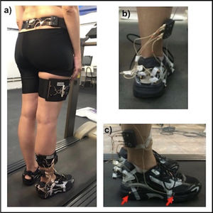 a) Clusters of tracking markers mounted on the lower limb and pelvis; b) Rearfoot cluster placement and shoe adaptation; c) Technical markers indicated by red arrows.