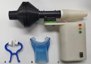 Nose clip (A), flanged silicone mouthpiece (B) and TrueForce-UFMG manometer (C).
