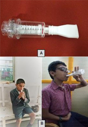 A – Inspiratory muscle trainer; B – Child practices Inspiratory Muscle Training.