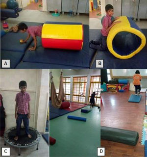 Sensorimotor Physical Therapy: A – Child passing through play tunnel; B – Child pushes play tunnel; C – Child jumps on trampoline; D – Child walks over and around obstacle course.