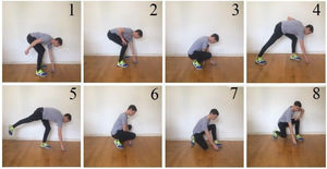 Photographs of eight movement strategies for lifting a light load from the floor used in the movement strategy safety questionnaire. According to the literature, all strategies are safe for people with a history of, or chronic low back pain. This tool was found to have content validity during a pilot study.